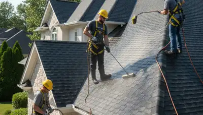 Roof cleaning service in Tampa, FL removing algae and debris from a residential roof