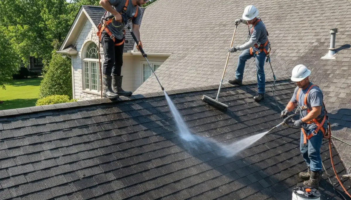 Roof cleaning service in Tampa, FL removing algae and debris to protect your home